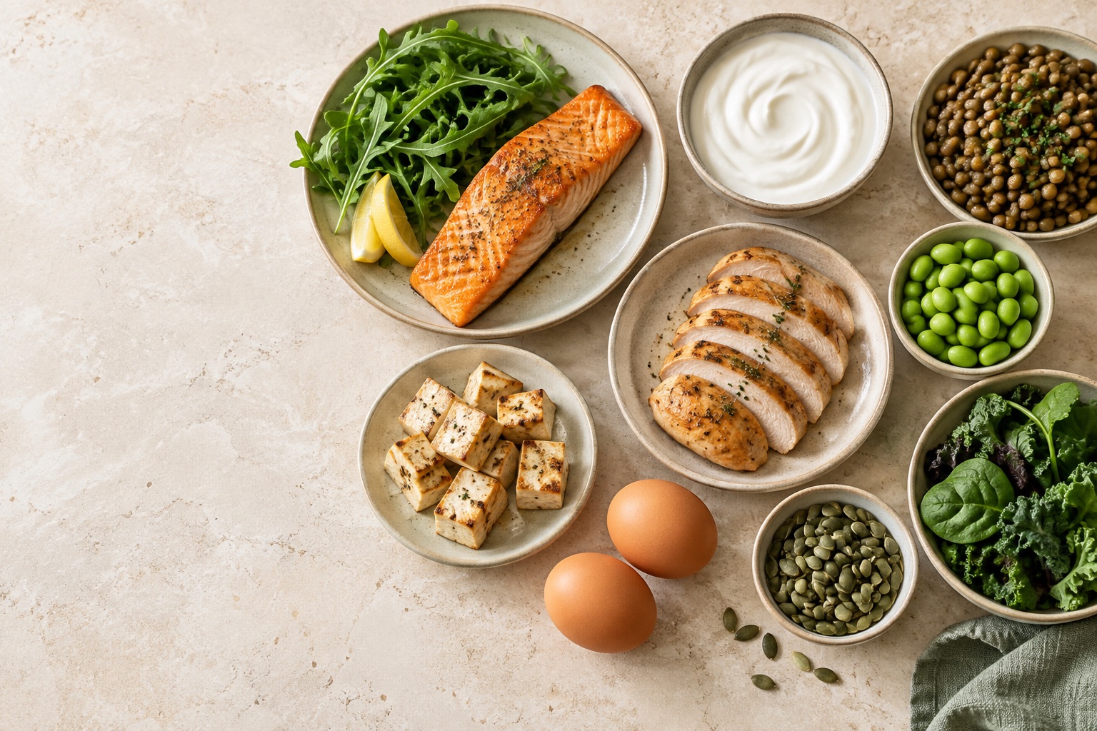 A balanced selection of protein-rich foods including salmon, chicken, yogurt, tofu, lentils, eggs, edamame, and seeds