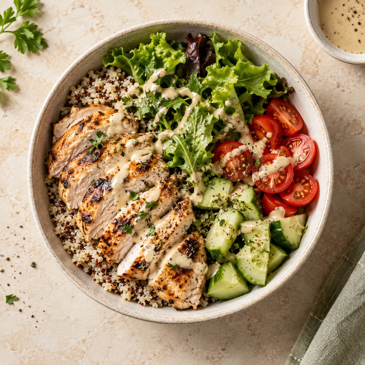 Chicken quinoa grain bowl with greens, cucumber, tomatoes, and tahini