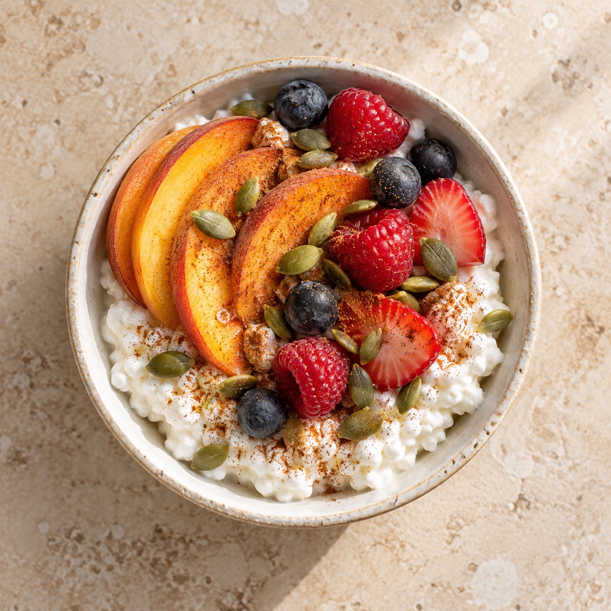 Cottage cheese bowl with peaches, berries, pumpkin seeds, and cinnamon