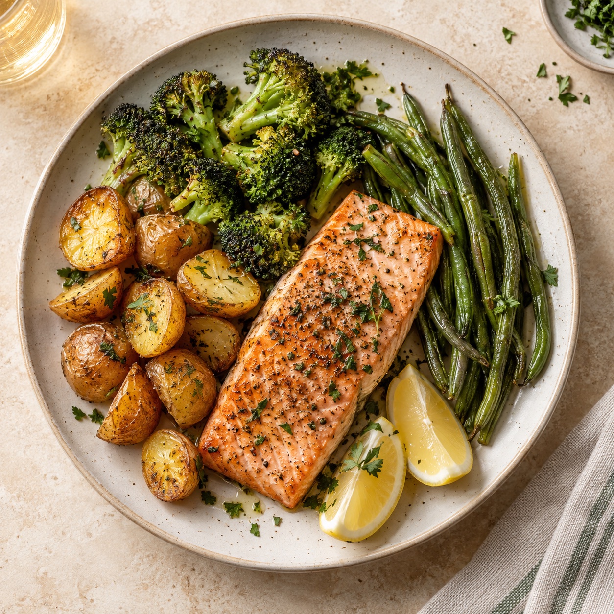 Roasted salmon with baby potatoes, broccoli, green beans, and lemon